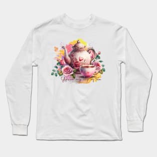 Watercolor Tea Pot And Cup With Flowers Long Sleeve T-Shirt